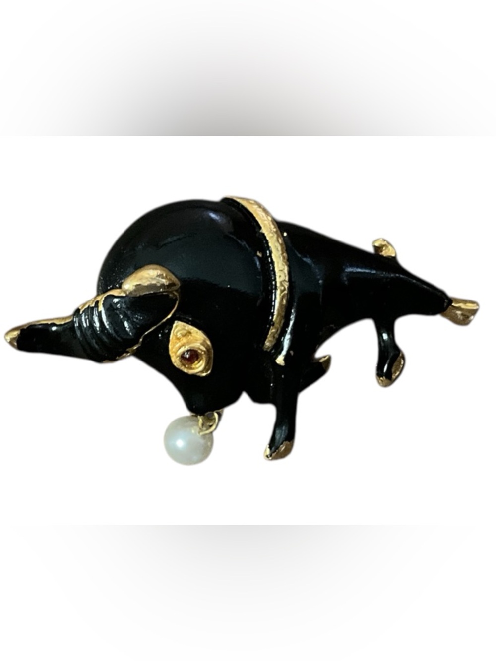 Black Enamel Bull Brooch Gold Tone Red Eye Faux Pearl Dangle Statement Vintage